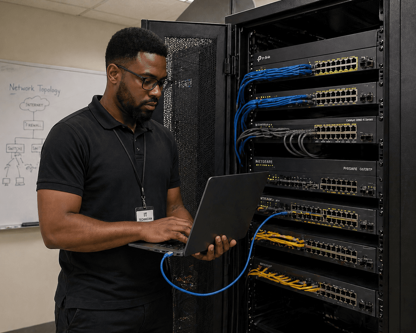 Black IT technician using a laptop to configure network switches in a server rack.