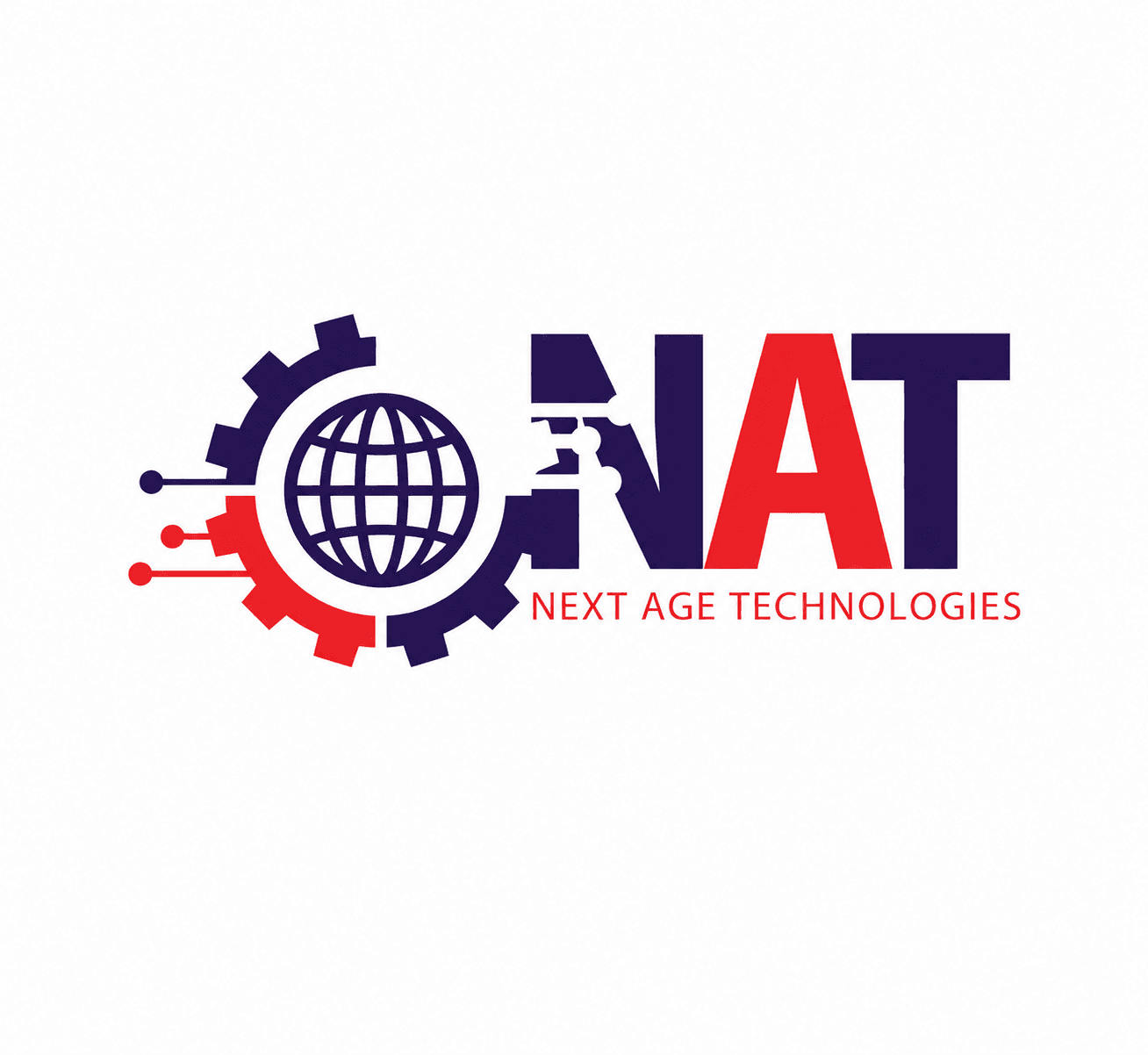 Red and blue Next Age Technologies logo featuring a gear, globe, and bold NAT text.
