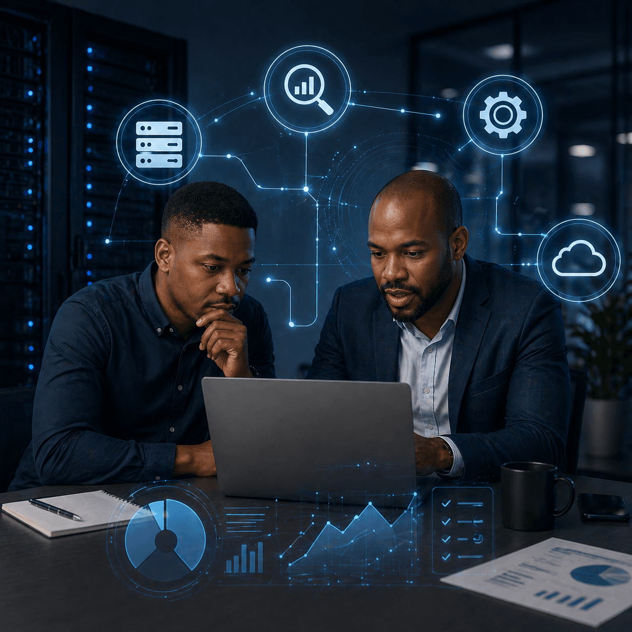 Two men in a server room collaborate on a laptop with glowing blue digital overlays.